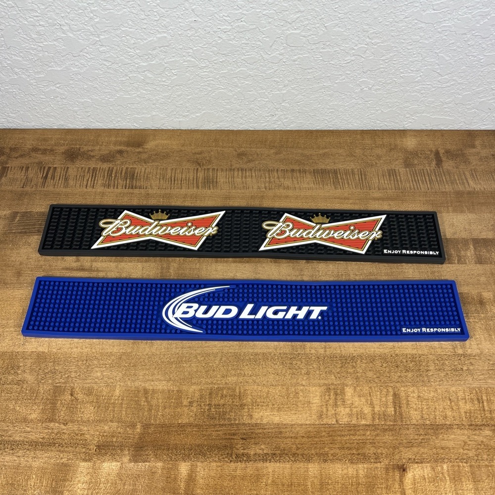 BUDWEISER BEER BUD LIGHT BOW TIE LOGO RAIL BEER BAR MAT RUNNER SPILL MAT LOT - Picture 1 of 13